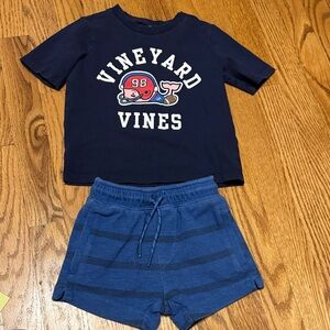 Vineyard Vines Navy Logo Tee with Blue Striped shorts
